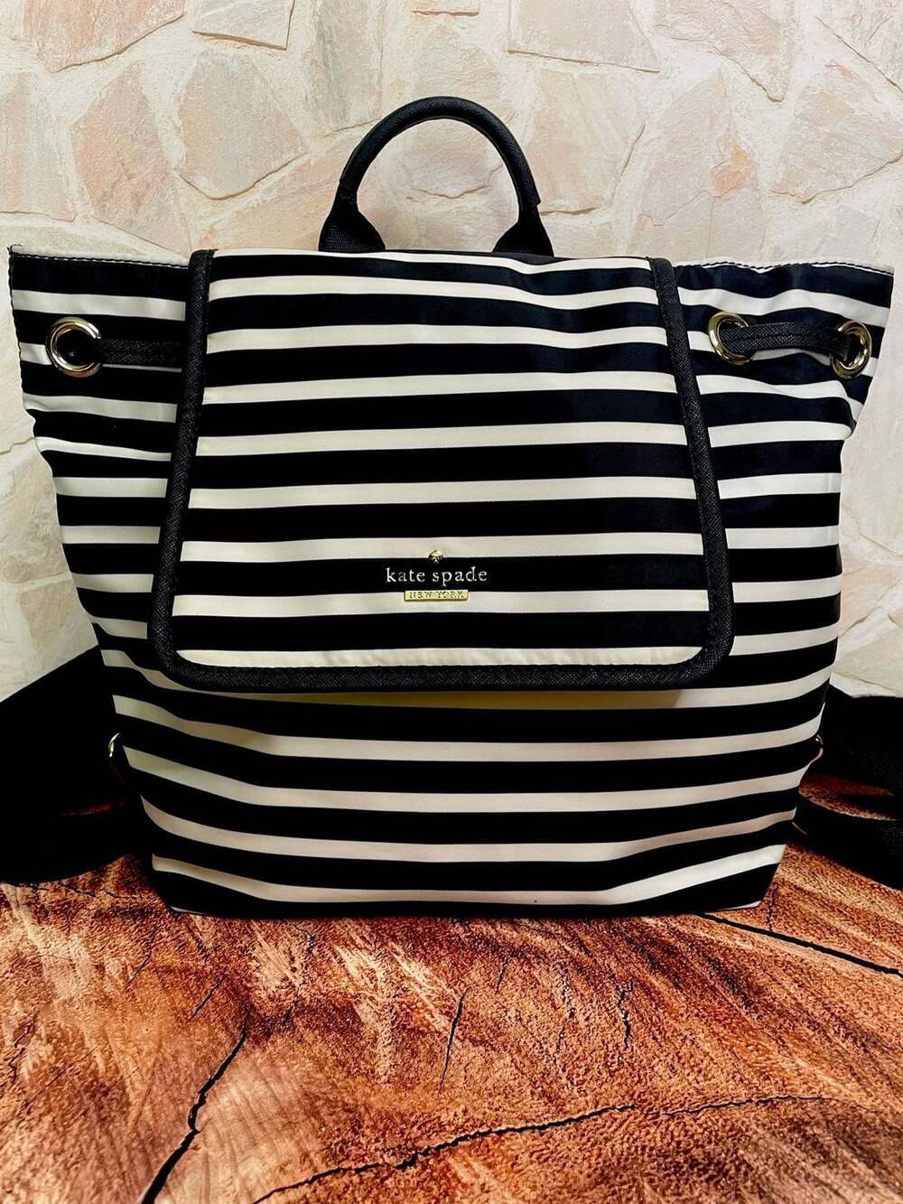 Kate Spade Black and White Striped Nylon Molly Backpack